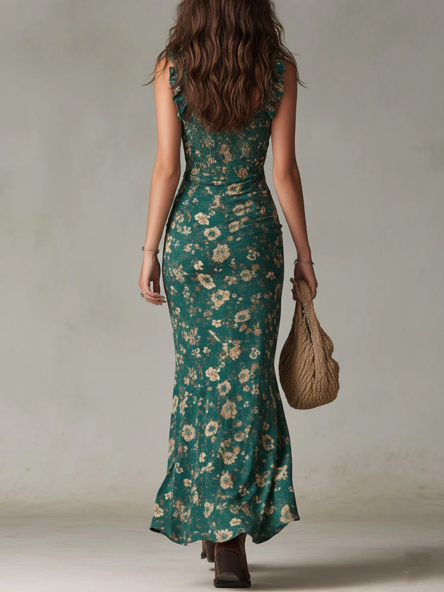 Sylviane | Robe Longue Bohème Florale à Fronces et Fente Latérale