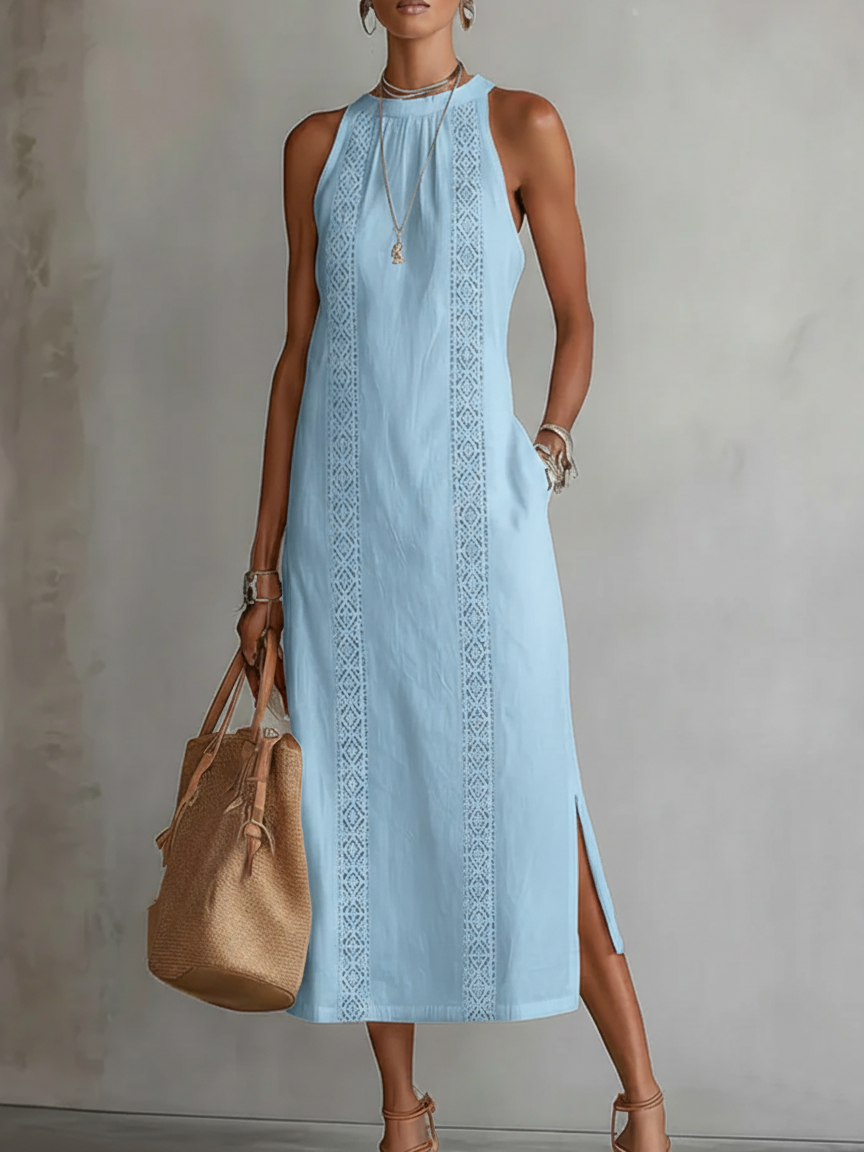 Josiane | Robe Midi Brodée à Col Mao Coupe Ample