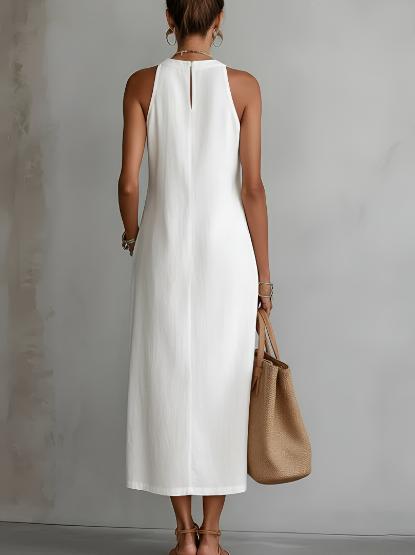 Josiane | Robe Midi Brodée à Col Mao Coupe Ample