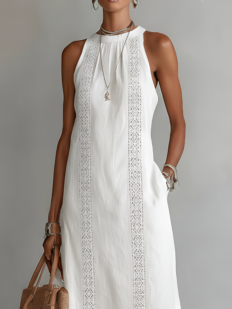Josiane | Robe Midi Brodée à Col Mao Coupe Ample