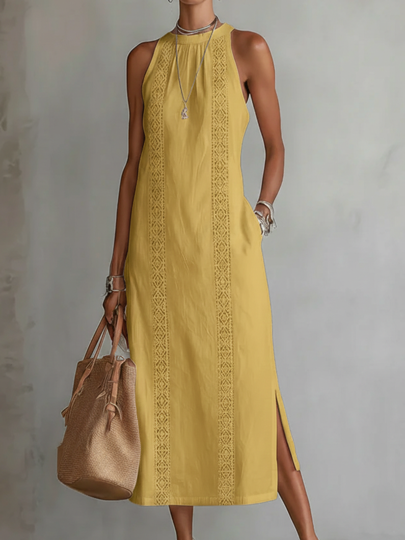 Josiane | Robe Midi Brodée à Col Mao Coupe Ample