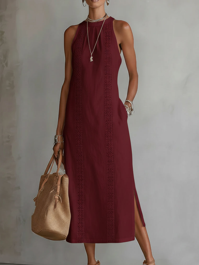 Josiane | Robe Midi Brodée à Col Mao Coupe Ample