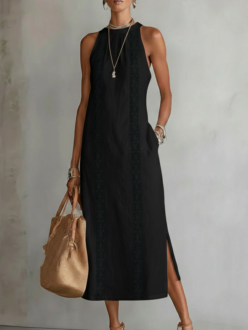 Josiane | Robe Midi Brodée à Col Mao Coupe Ample